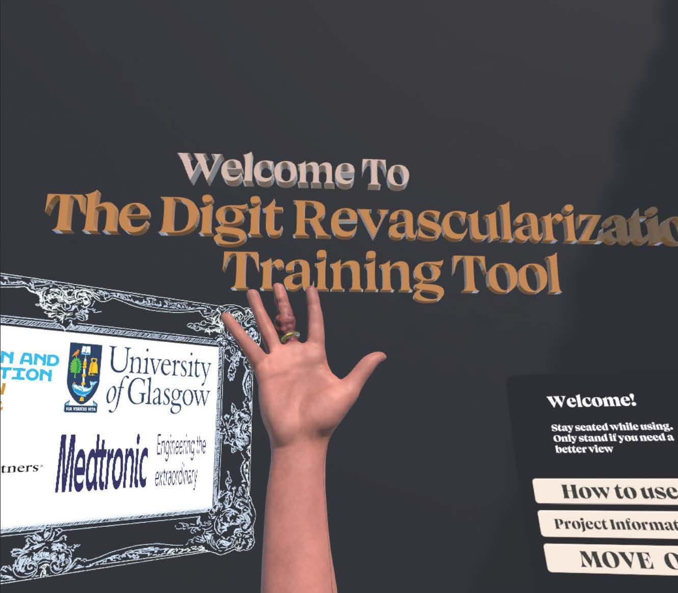 VR welcome screen for the Digit Revascularization Training Tool
